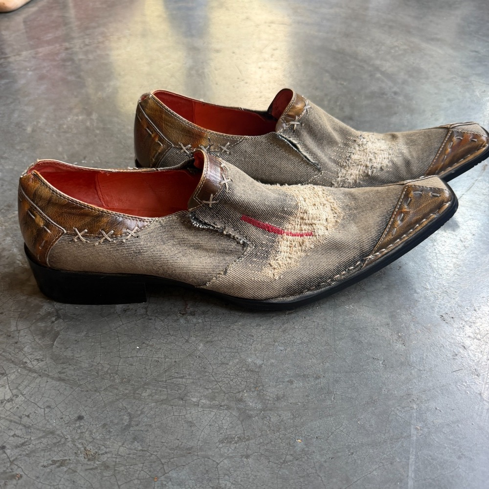 Robert Wayne "Implode" Gray Brown Black/Tan Distressed Denim Leather Loafers 12